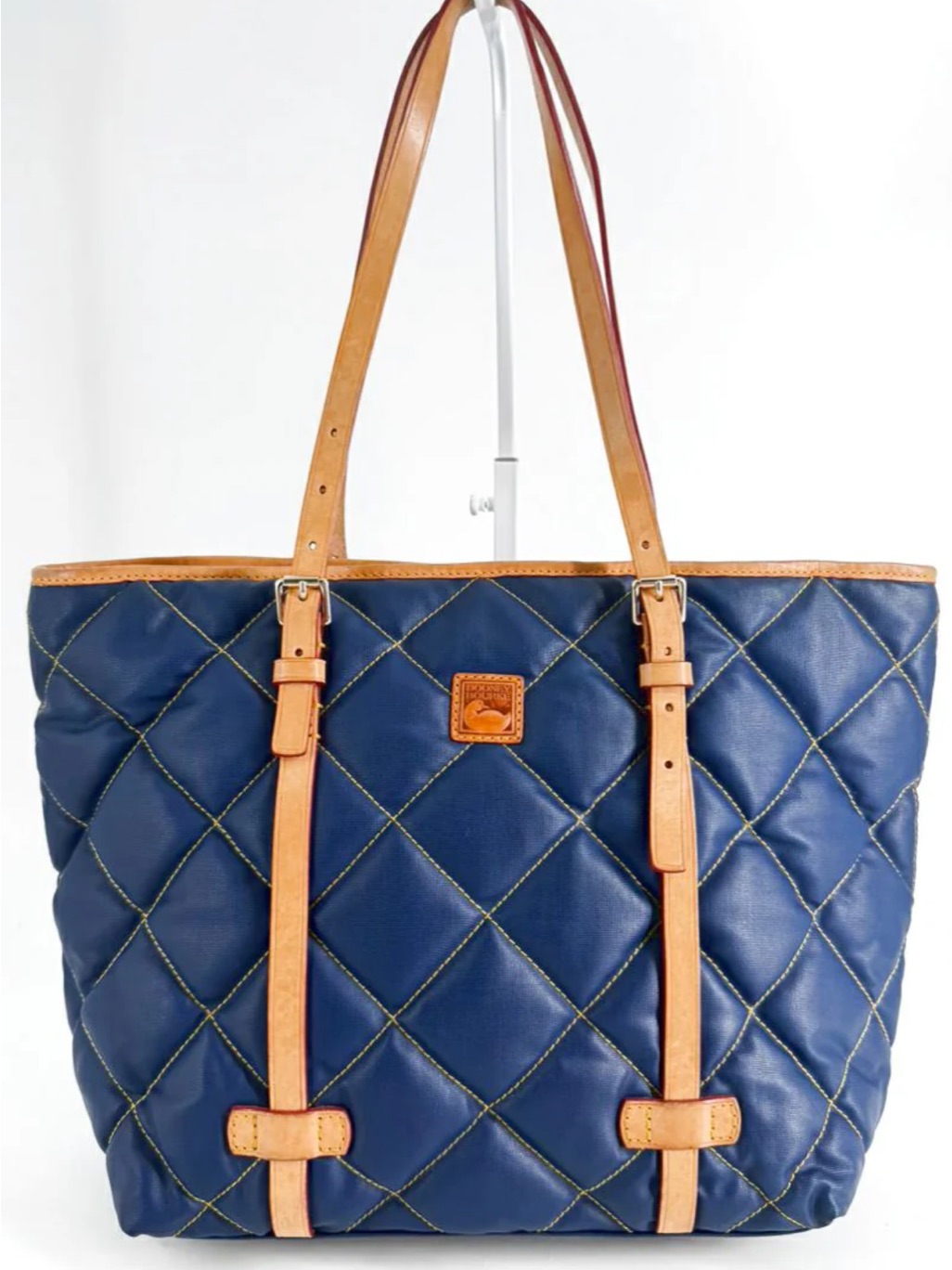 Dooney & Bourke Navy Quilted Leather Tote With Tan Straps